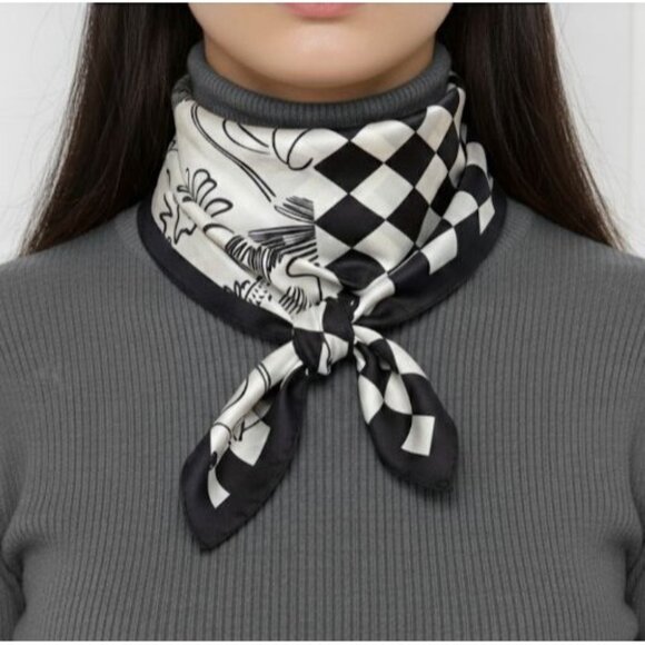 ⭐Luxury Silky Square Scarf Bandana Abstract Checkered BLACK WHITE Modern Art New - Picture 3 of 8